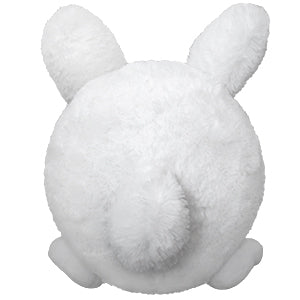 A back view of the white plush bunny on a white background