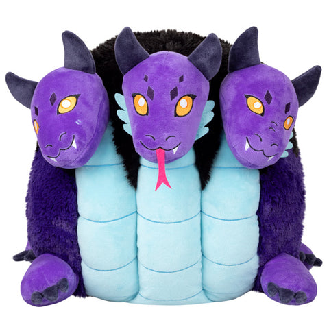 A plush toy depicting a three-headed purple hydra with black and blue accents.