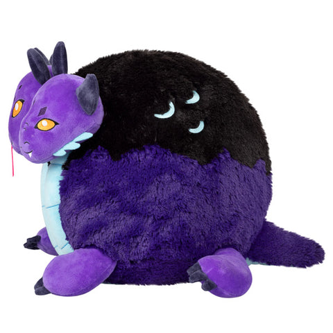 A side view of the plush Hydra. Its body is very round.