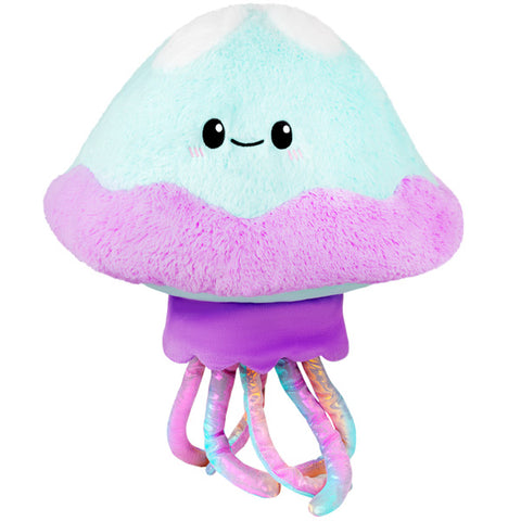 A plush light blue and lavender jellyfish with a happy face