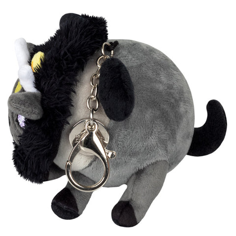 A side view of the plush Baphomet keychain