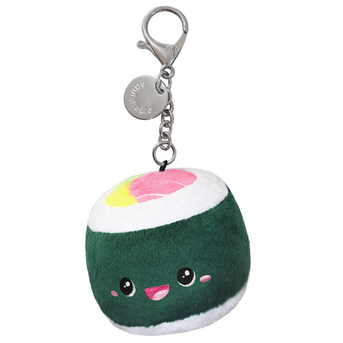 A plush sushi roll is attached to a silver clip keychain