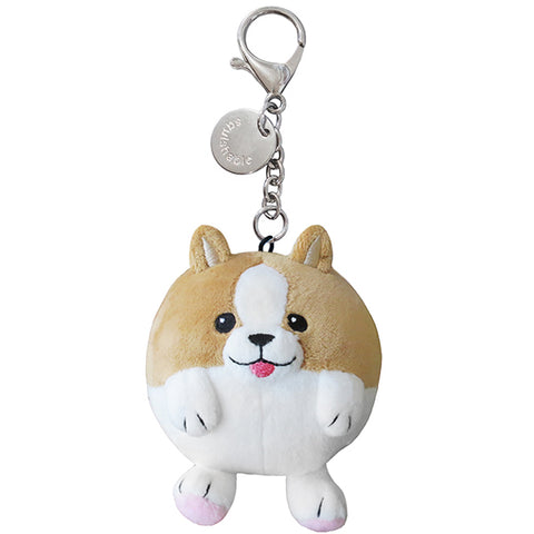Stuffed animal keychain in the shape of a corgi with a metal clip.