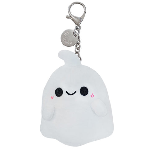 A plush ghost with a happy face attached to a silver keychain clip