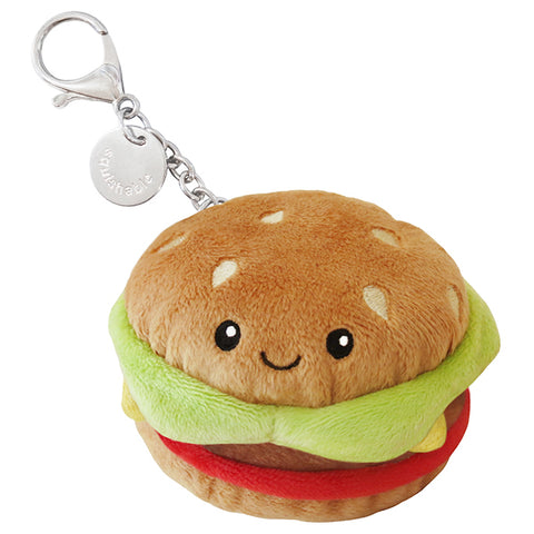 A plush hamburger attached to a silver clip keychain