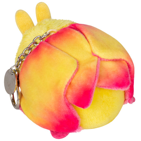 A back-angle view of the plush rosy maple moth keychain