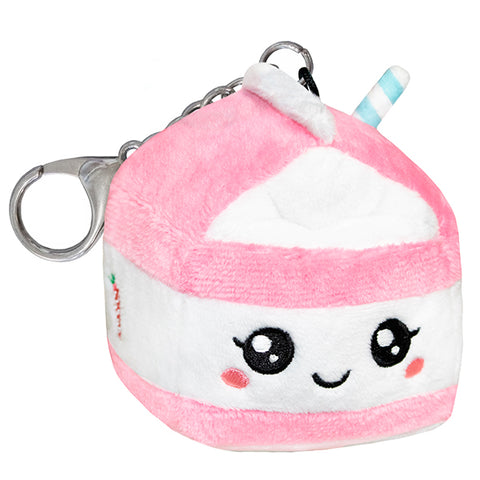A plush pink milk carton attached to a silver clip keychain