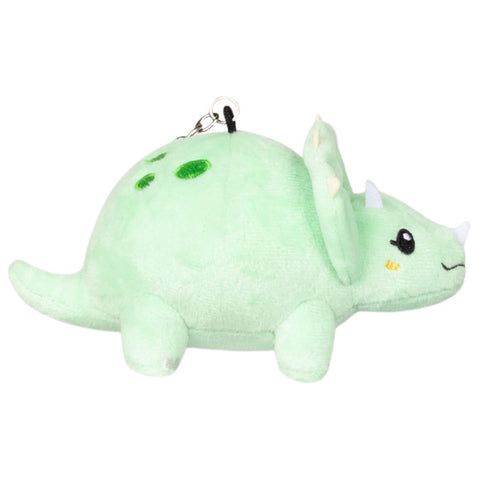 A side view of the plush triceratops keychain