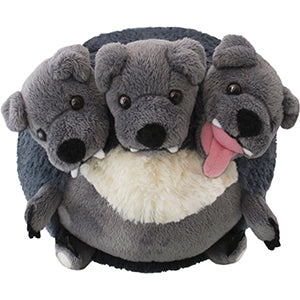 A plush grey and white Cerberus