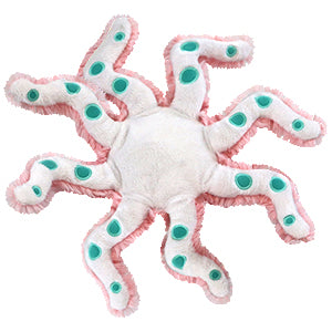 A bottom view of the plush pink octopus. It is white with turquoise dots.