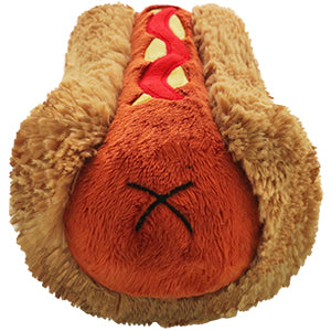 A side view of the plush hot dog on a white background