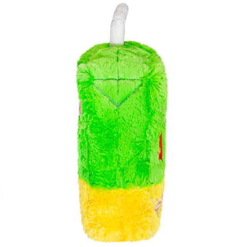 A side view of the plush juice box