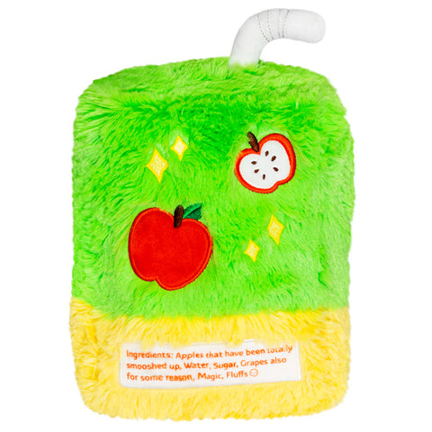 A back view of the plush juice box. It has two apples and an ingredients label.