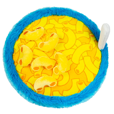 A top-down view of the plush mac & cheese bowl. It shows the macaroni fabric and plush macaroni.