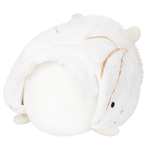 A back view of the plush poodle moth on a white background