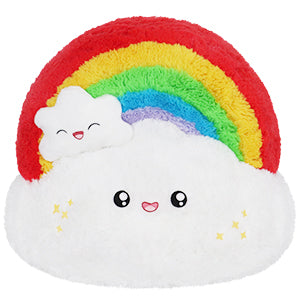 A multicolored stuffed animal shaped like a rainbow with a white cloud at the bottom and a smiling face in the center.