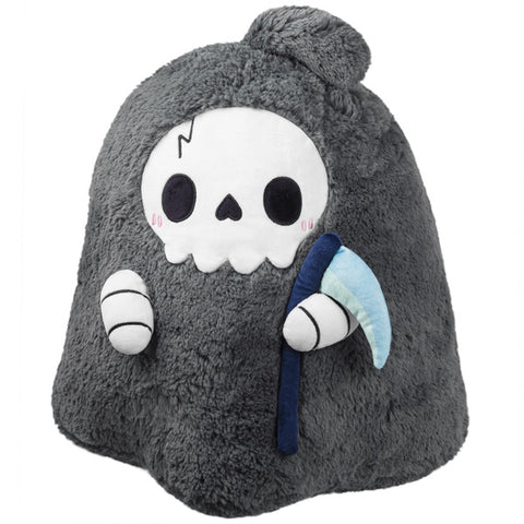 A plush reaper toy, holding a scythe. 