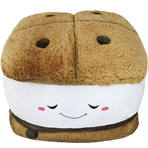 A plush toy resembling a s'more, with a marshmallow center sandwiched between two graham cracker bookends, all with friendly facial expressions.