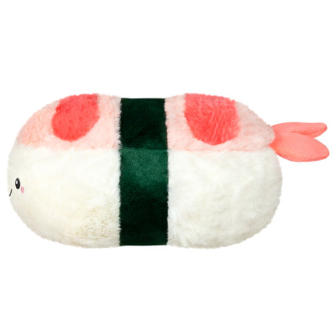 A side view of the plush shrimp sushi