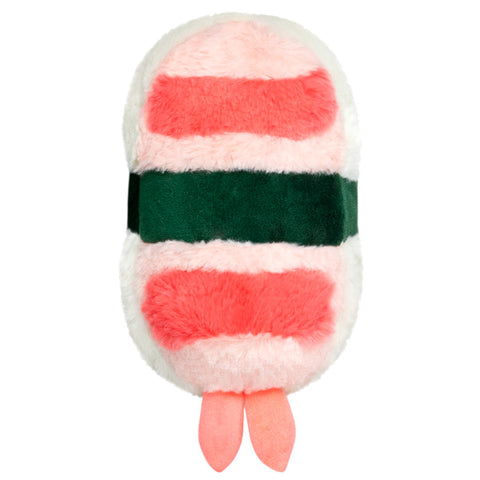 A top-down view of the plush shrimp sushi