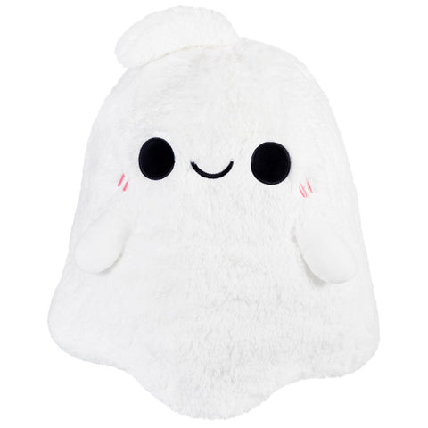 A plush toy resembling a friendly, cute ghost with a smiling face.