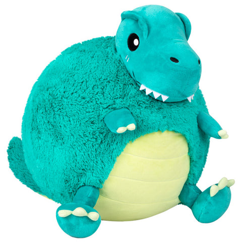 A plush toy resembling a turquoise T-Rex with a lighter turquoise belly, designed for young children.