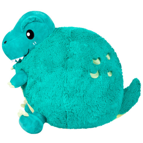 A side view of the plush t-rex. Its body is very round.