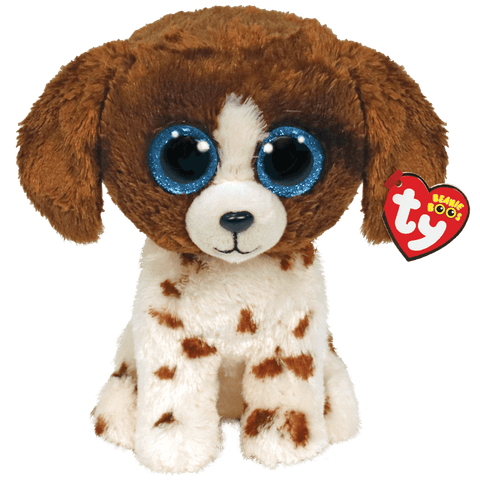 Image shows a stuffed brown & white spotted dog with a brown head and large blue plastic eyes
