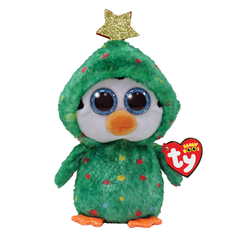Image shows a stuffed penguin in a Christmas tree suit with a gold star on top