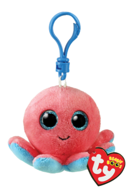 Image shows a stuffed pink octopus with large blue plastic eyes attached to a blue plastic clip