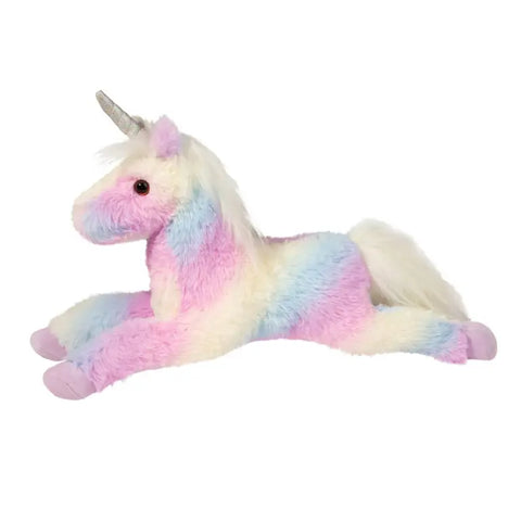 Image shows a stuffed rainbow unicorn. It is laying down. Its horn is silver and its mane and tail are white.