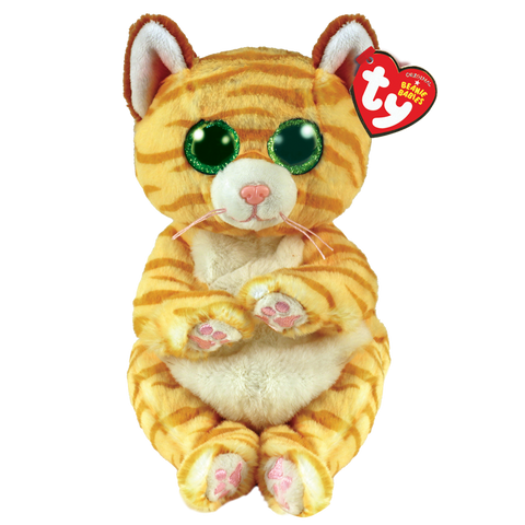Image shows a floppy stuffed orange tabby cat with green plastic eyes
