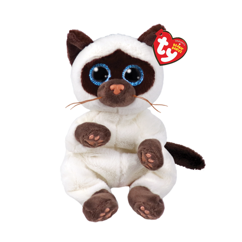 Image shows a floppy stuffed Siamese Cat with large blue plastic eyes