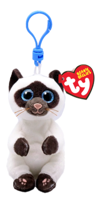 Image shows a stuffed siamese cat with large blue plastic eyes attached to a blue clip