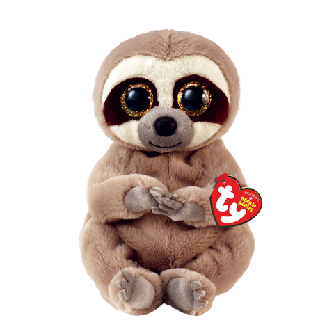 Image shows a floppy stuffed sloth with large golden plastic eyes