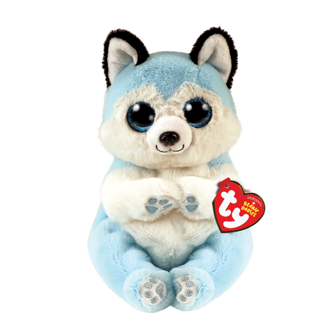 Image shows a stuffed light blue Husky with large blue plastic eyes
