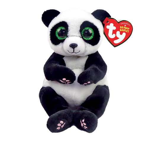 Image shows a stuffed panda with large green plastic eyes
