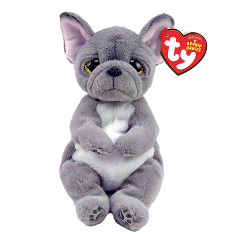 Image shows a French Bulldog looking stuffed grey dog with large golden plastic eyes.