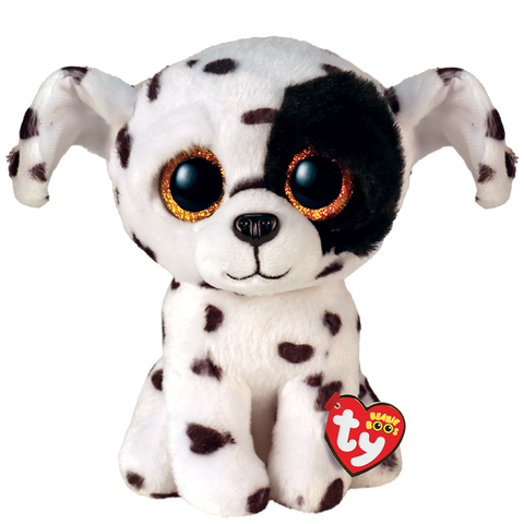 Image shows a stuffed black & white spotted dog with big golden plastic eyes