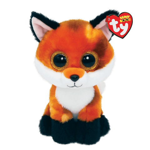 Image shows a seated stuffed fox with large golden plastic eyes