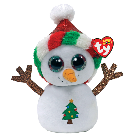 Image shows a stuffed snowman with a Christmas tree on its chest and wearing a red santa hat