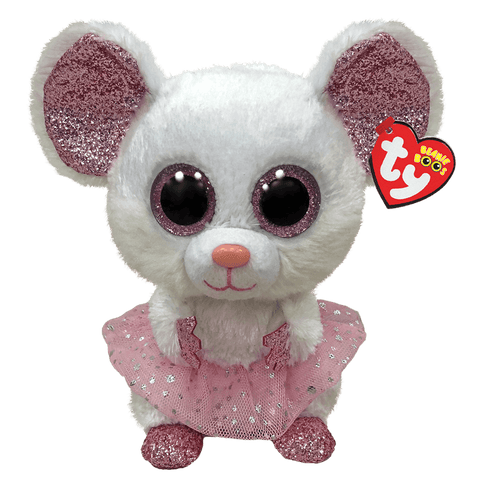 Image shows a stuffed white mouse in a ballerina outfit. The mouse has large pink plastic eyes.
