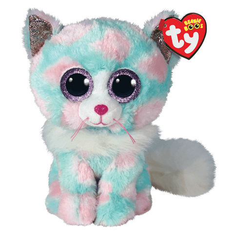 Image shows a pastel tie-dye cat with whtie fluff around its neck, a white fluffy tail, and large purple plastic eyes.