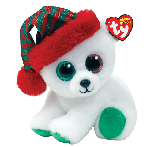 Image shows a stuffed polar bear with a red & green santa hat and one red and one green large plastic eye