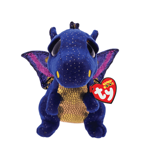 Image shows a stuffed blue dragon with a gold chest and large plastic golden eyes