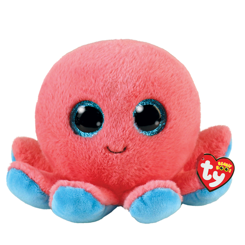 Image shows a stuffed pink and blue octopus with large blue plastic eyes