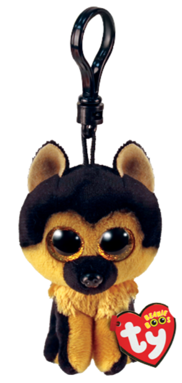 Image shows a stuffed seated German Shepherd with large golden plastic eyes attached to a black plastic clip