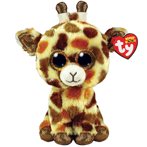 Image shows a seated stuffed Giraffe with large golden plastic eyes
