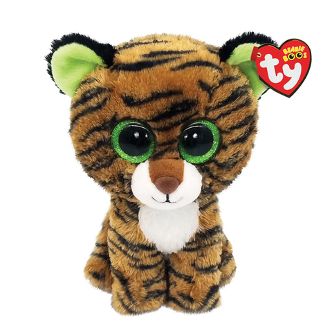 Image shows a stuffed tiger with large green plastic eyes