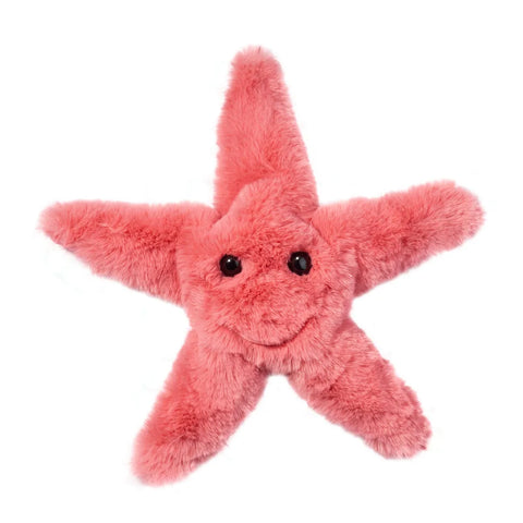Image shows a stuffed coral-colored starfish. It has black eyes and a smiley face.